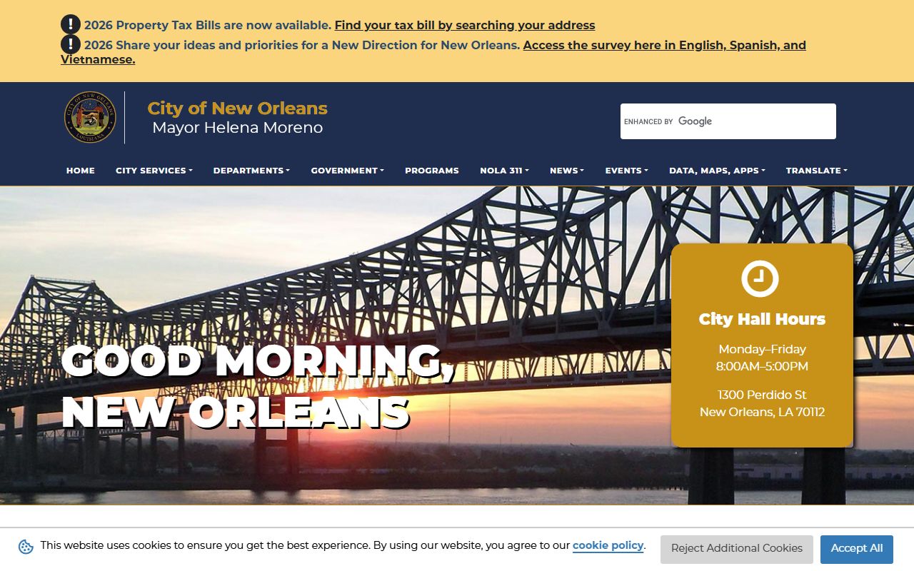 New Orleans city website showing government services for divorce decree records