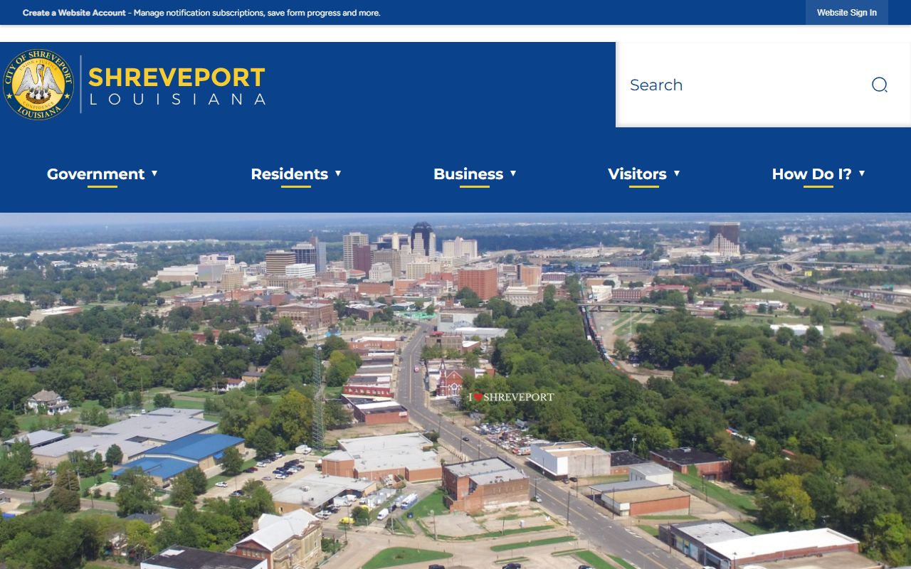 Shreveport city website showing government services for divorce decree records