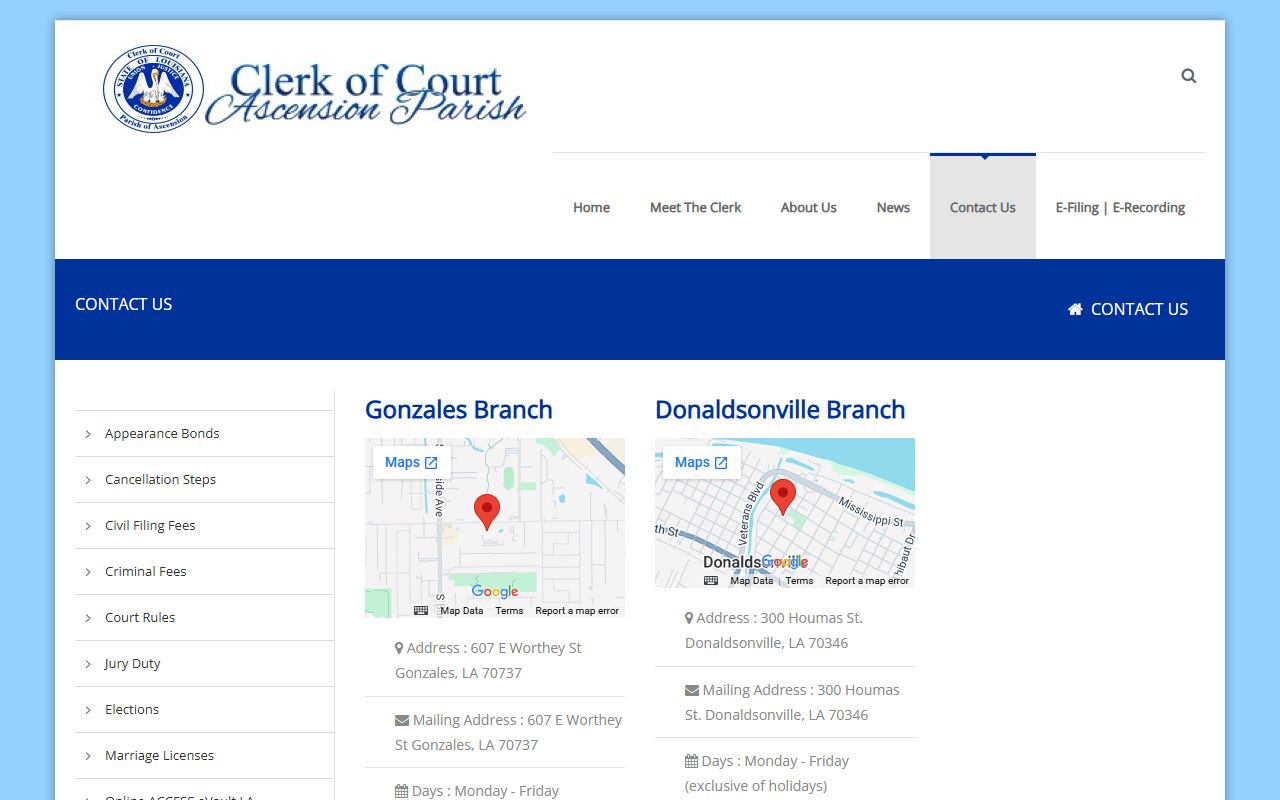 Ascension Parish Clerk of Court website for searching divorce decree records in Gonzales Louisiana