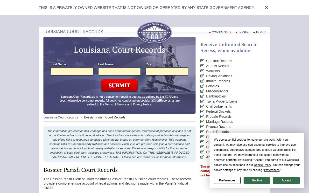 Bossier Parish divorce decree records available through statewide Louisiana court records portal