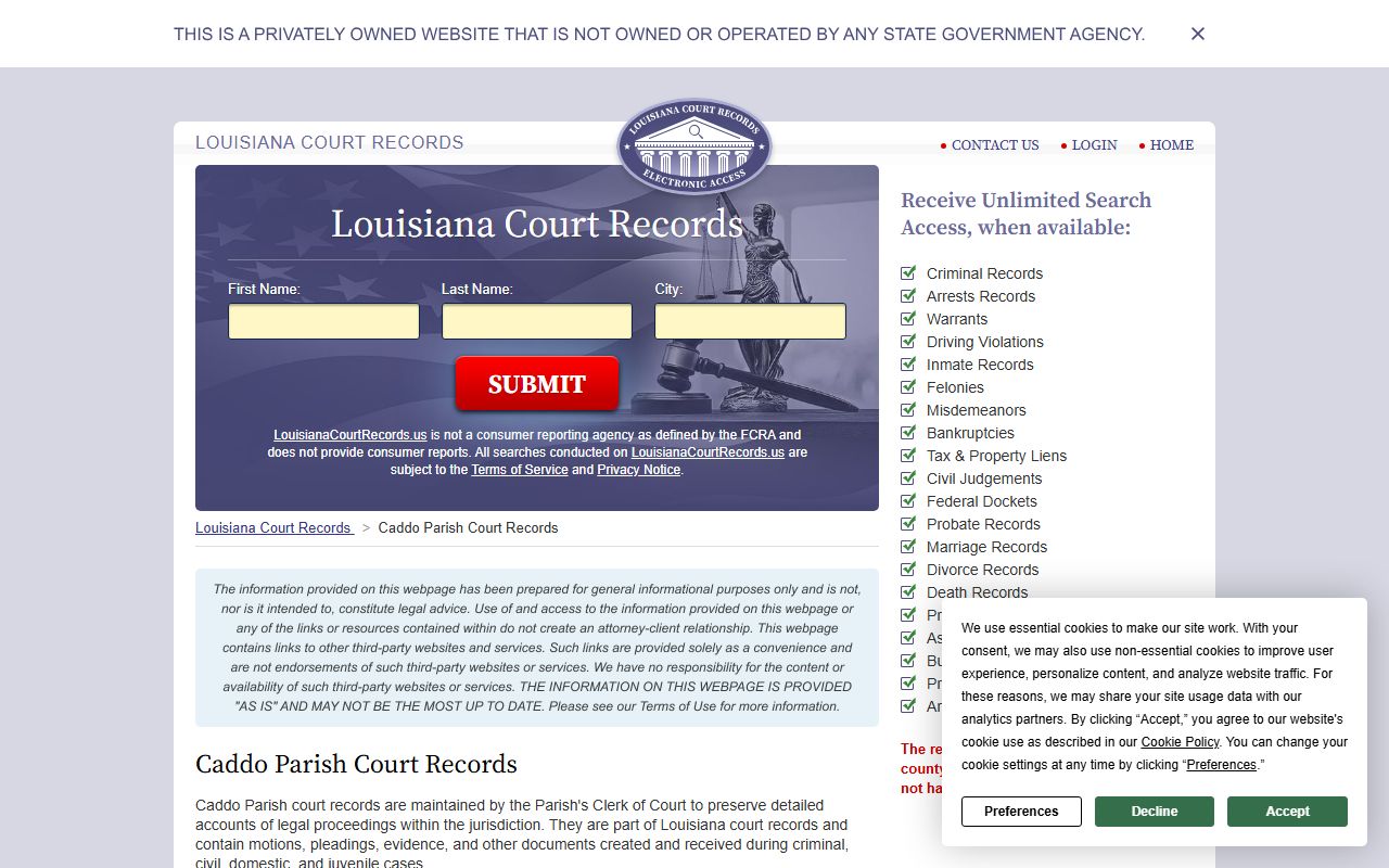 Caddo Parish divorce decree records available through Louisiana statewide court records portal