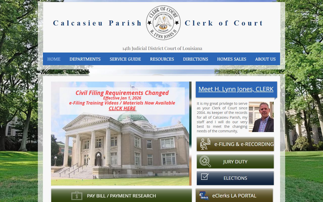 Calcasieu Parish Clerk of Court website for searching divorce decree records in Lake Charles Louisiana