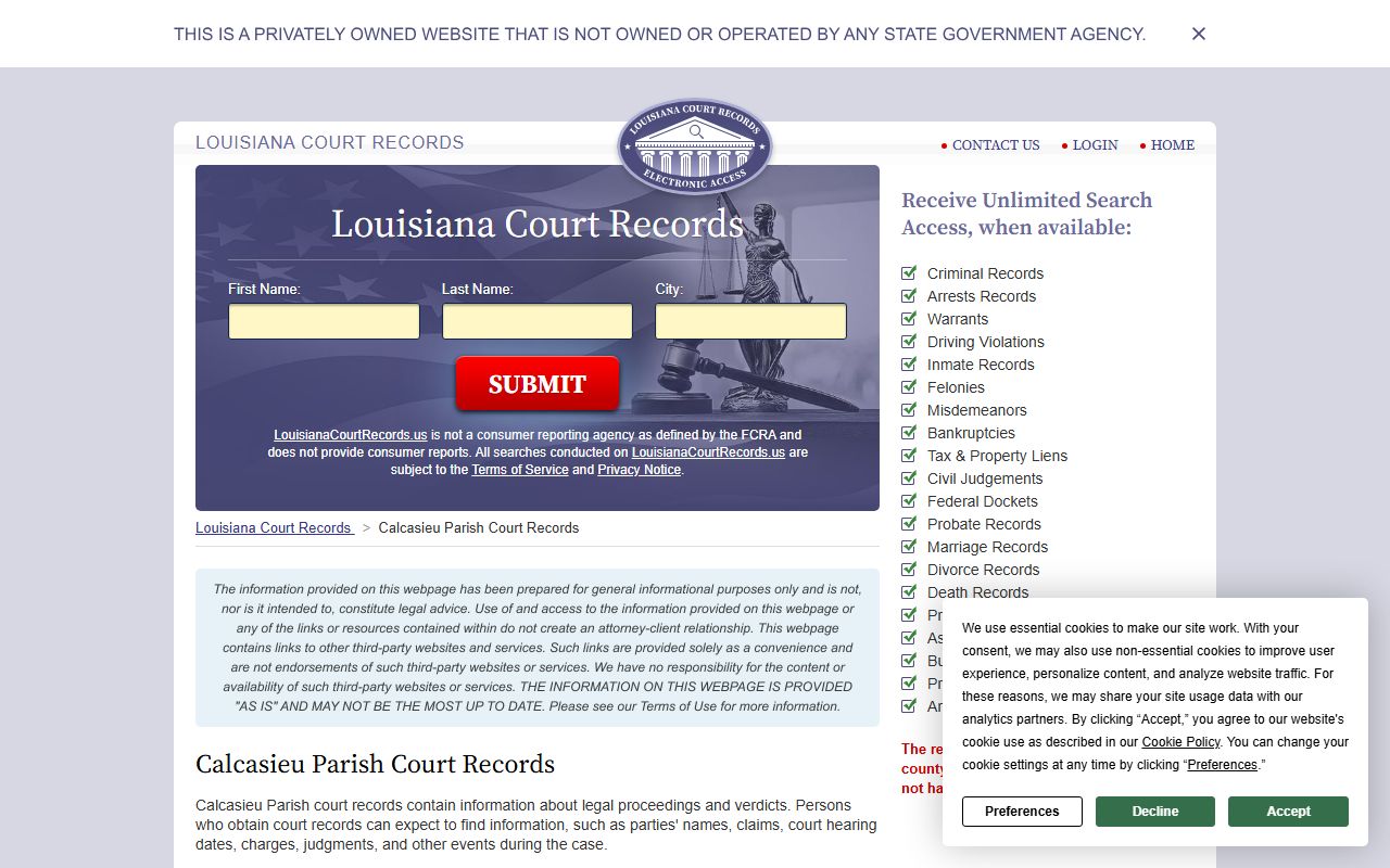 Calcasieu Parish divorce decree records shown in the Louisiana statewide court records portal