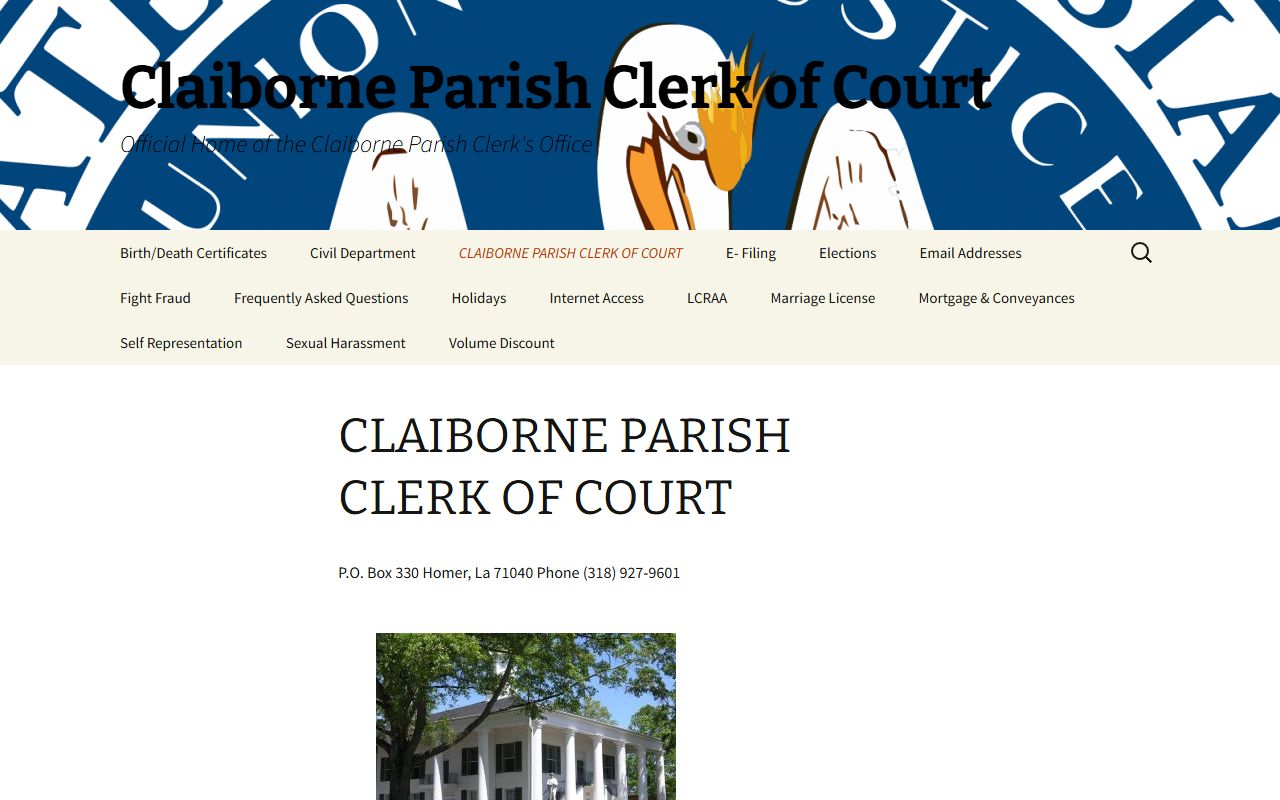 Claiborne Parish Clerk of Court website showing Clerk Connect access for divorce decree records in Homer Louisiana