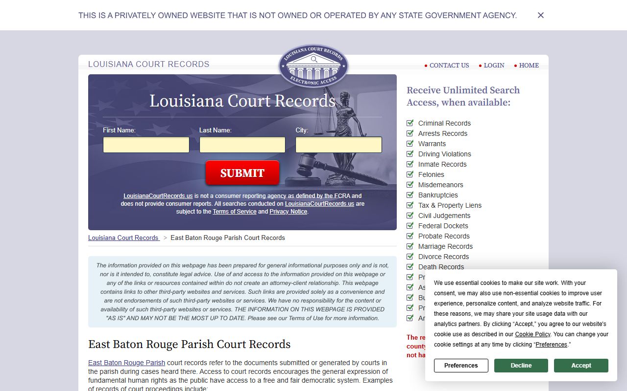 Louisiana Court Records portal showing East Baton Rouge Parish divorce decree search