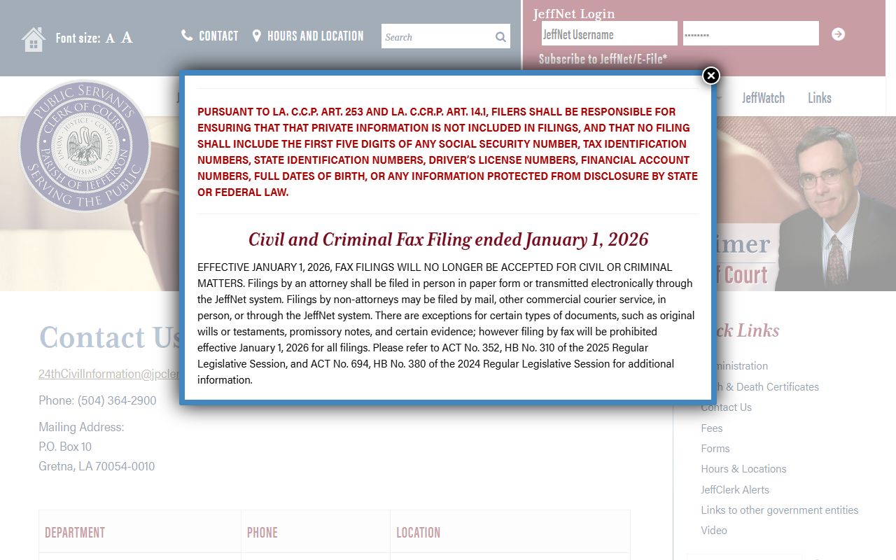 Jefferson Parish Clerk of Court website for divorce decree records in Louisiana