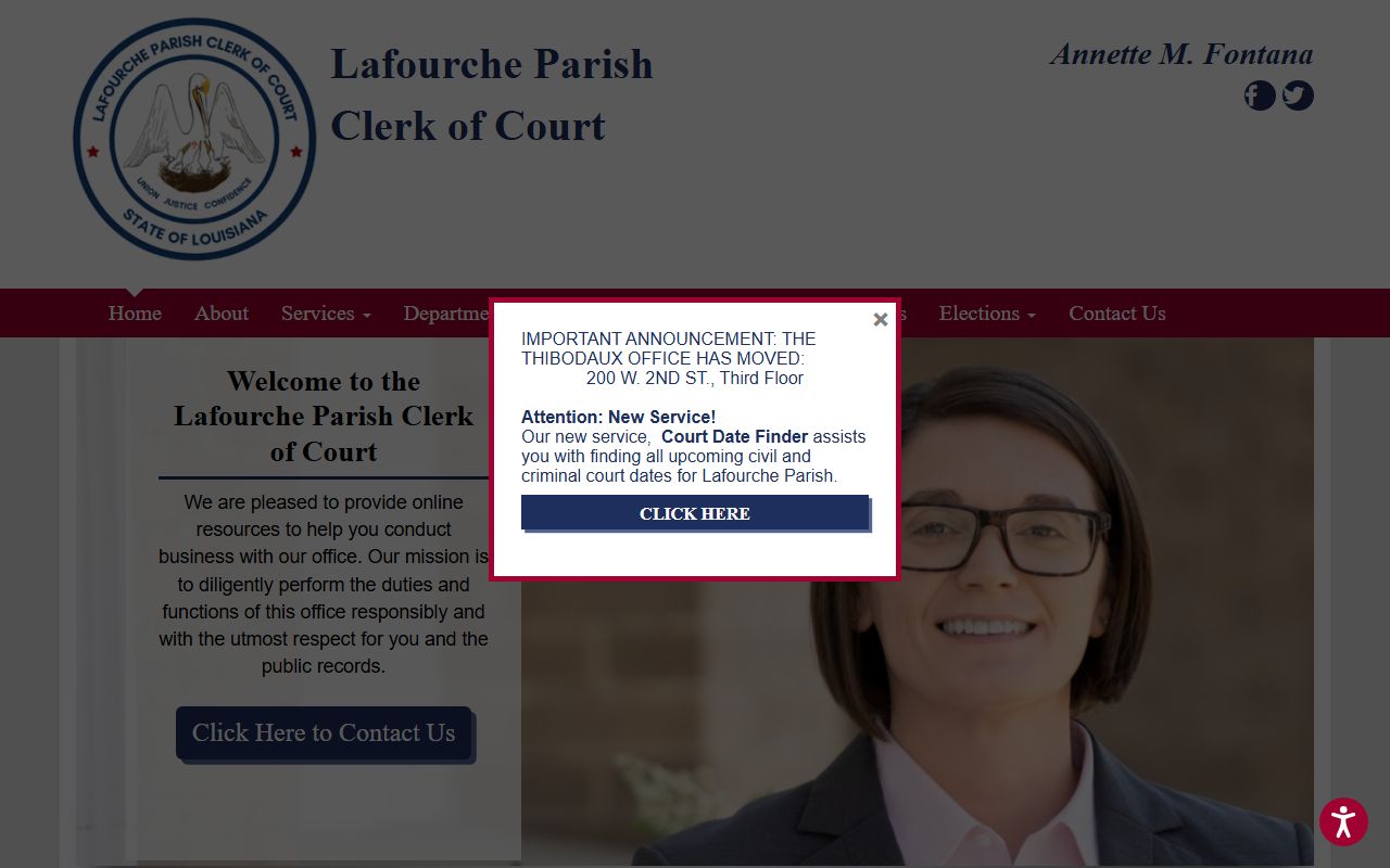 Lafourche Parish Clerk of Court website showing divorce decree records and search options