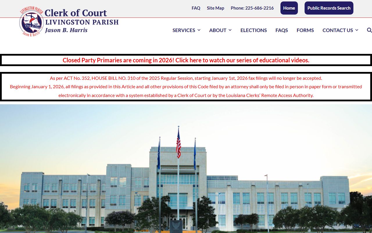 Livingston Parish Clerk of Court website showing divorce decree record search and office information