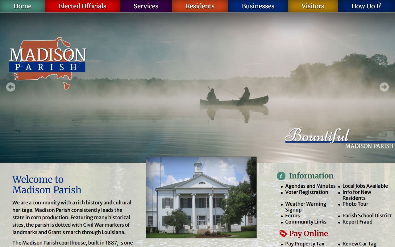 Madison Parish government website showing clerk of court contact for divorce decree records in Tallulah