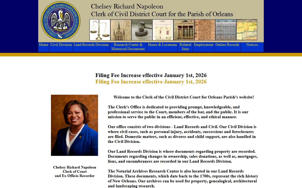Orleans Parish Civil Clerk of Court website showing divorce decree filing and record access for New Orleans residents