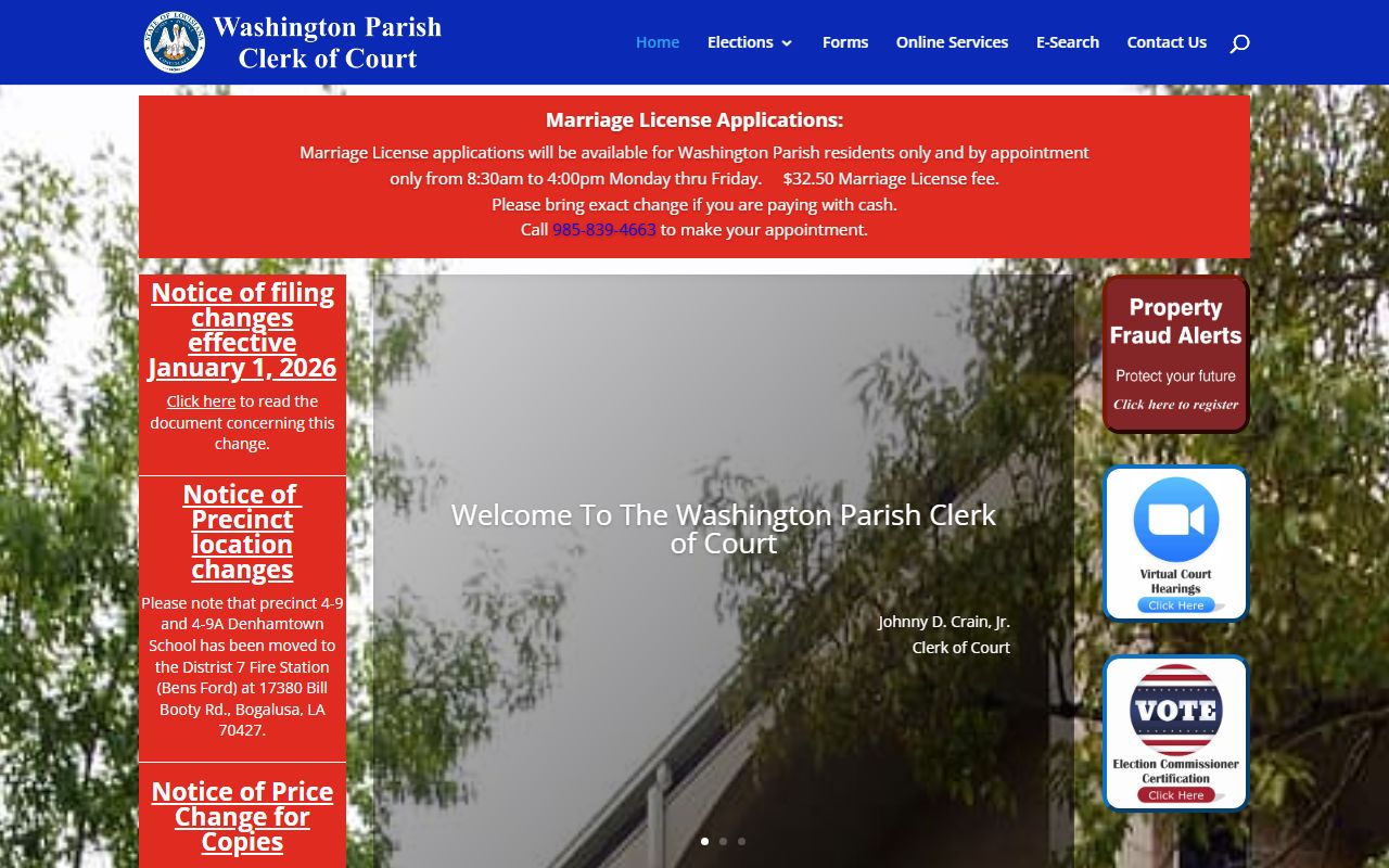 Washington Parish Clerk of Court website for divorce decree records in Louisiana