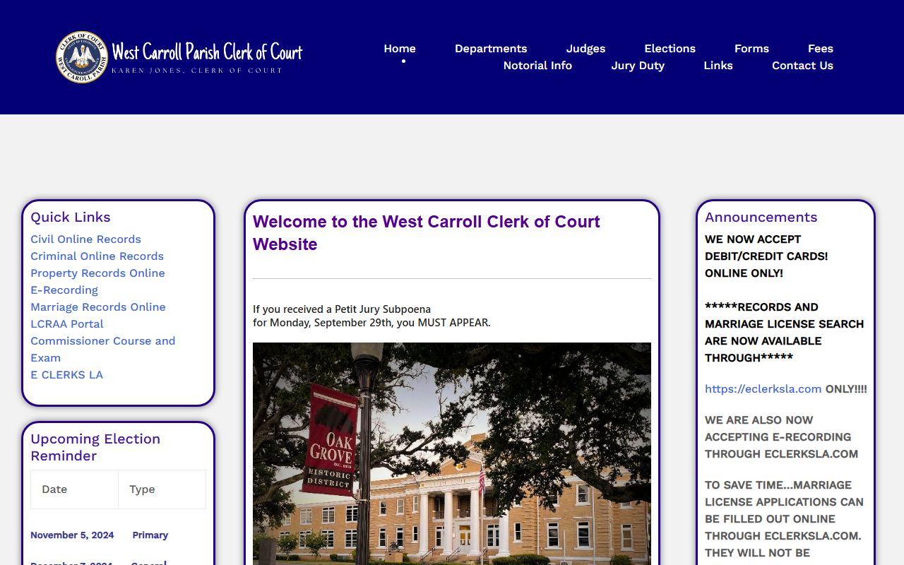West Carroll Parish Clerk of Court website for divorce decree records in Louisiana