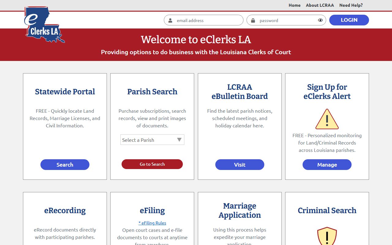 eClerks LA statewide portal for searching Louisiana divorce decree records online