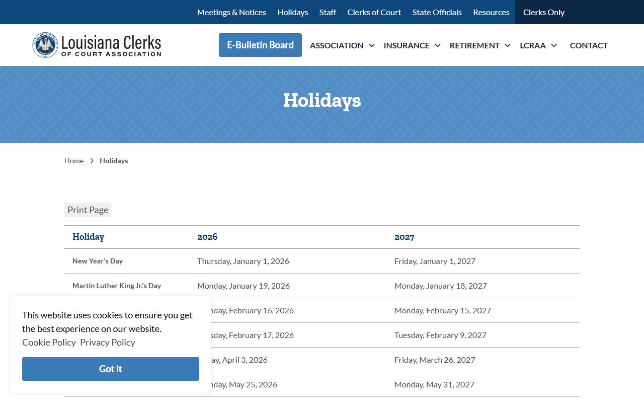 Louisiana Clerks of Court Association website showing links to all 64 parish clerks