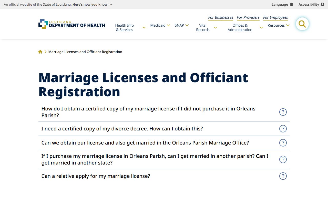Louisiana Department of Health Vital Records page showing divorce decree information